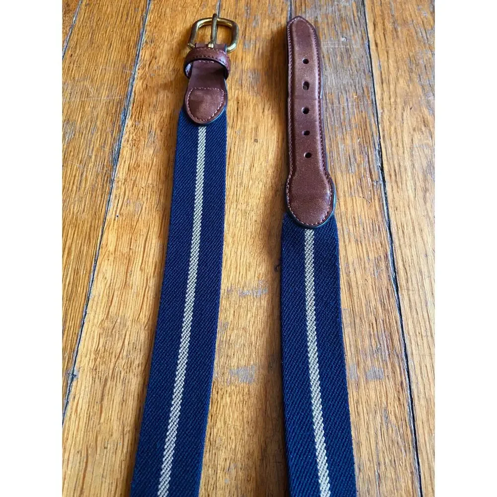 BARRONS-HUNTER Navy/Tan Stripe Stretch Belt w/Leather Tabs Mens sz 38